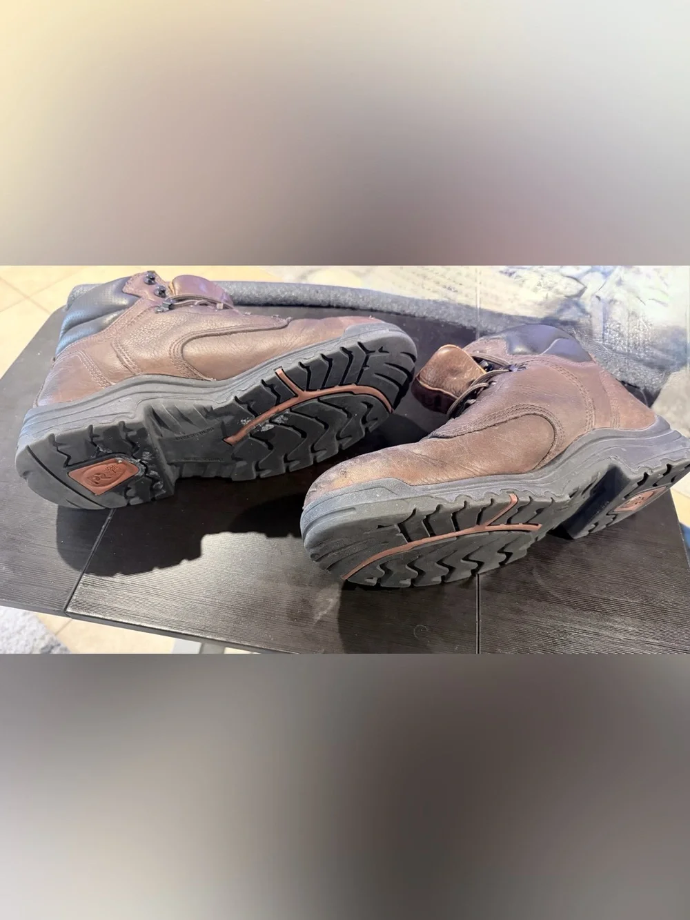 Timberland Brown Leather Work Boots with Orange Lining - Steel Toe worn